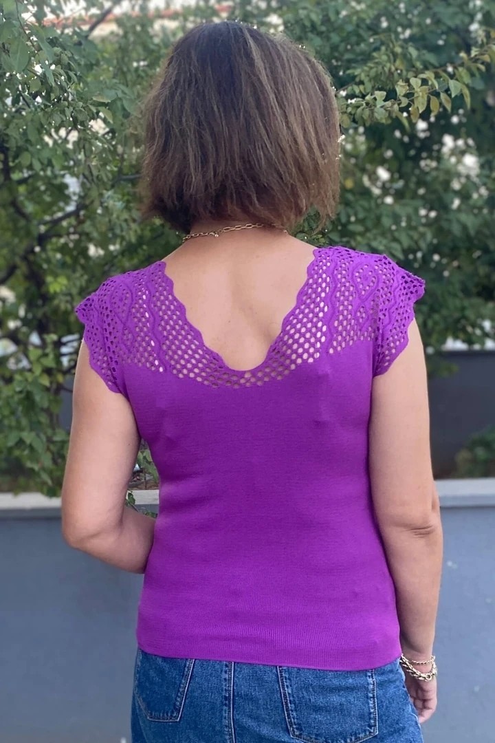 Mia Butik Kadın Pembe Sıfır Kol Ajurlu Triko Bluz görsel 8