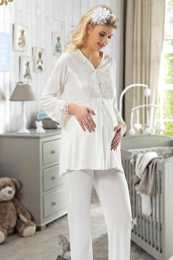 Sistina Depomix Ekru Hamile ( Lohusa ) Pijama Takımı - 1604 - Beden M