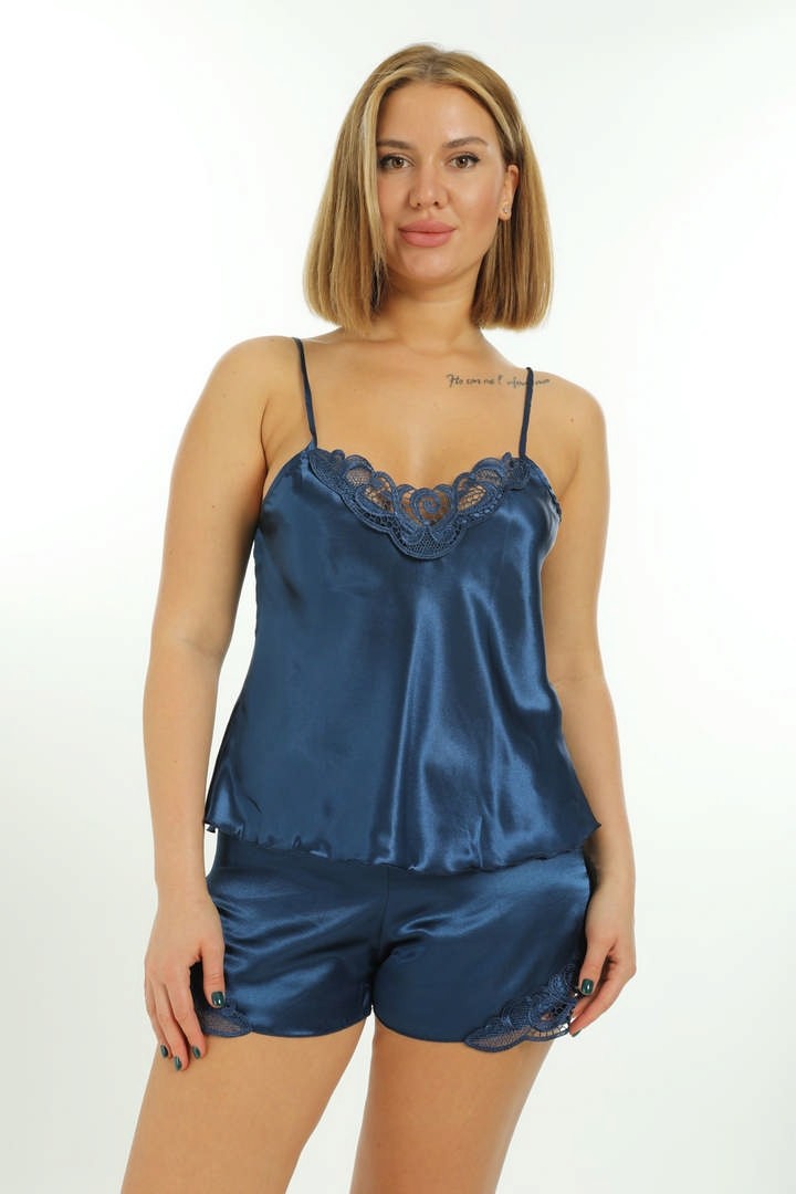 Sistina Ilkeshop Lacivert Saten Babydoll Şortlu Takım - 259 - Beden Xl