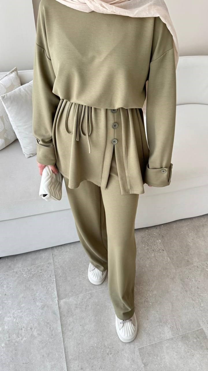 Molly Nelly Kadın Salaş Eteği Düğmeli Bluz Pantolon Takım görsel 7