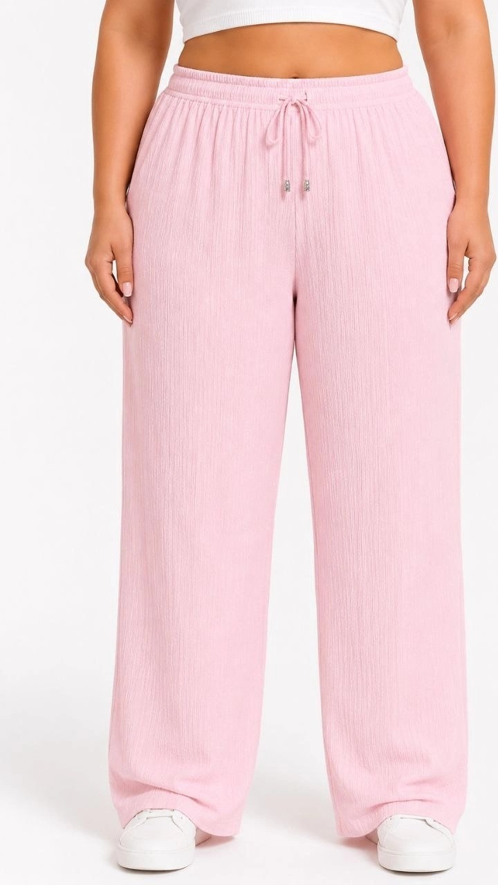 Hace Bazaar Kadın Battal Beden Bürümcük Kumaş Beli Lastikli Bağcıklı Bol Paça Palazzo Pantolon - Pembe görsel 3