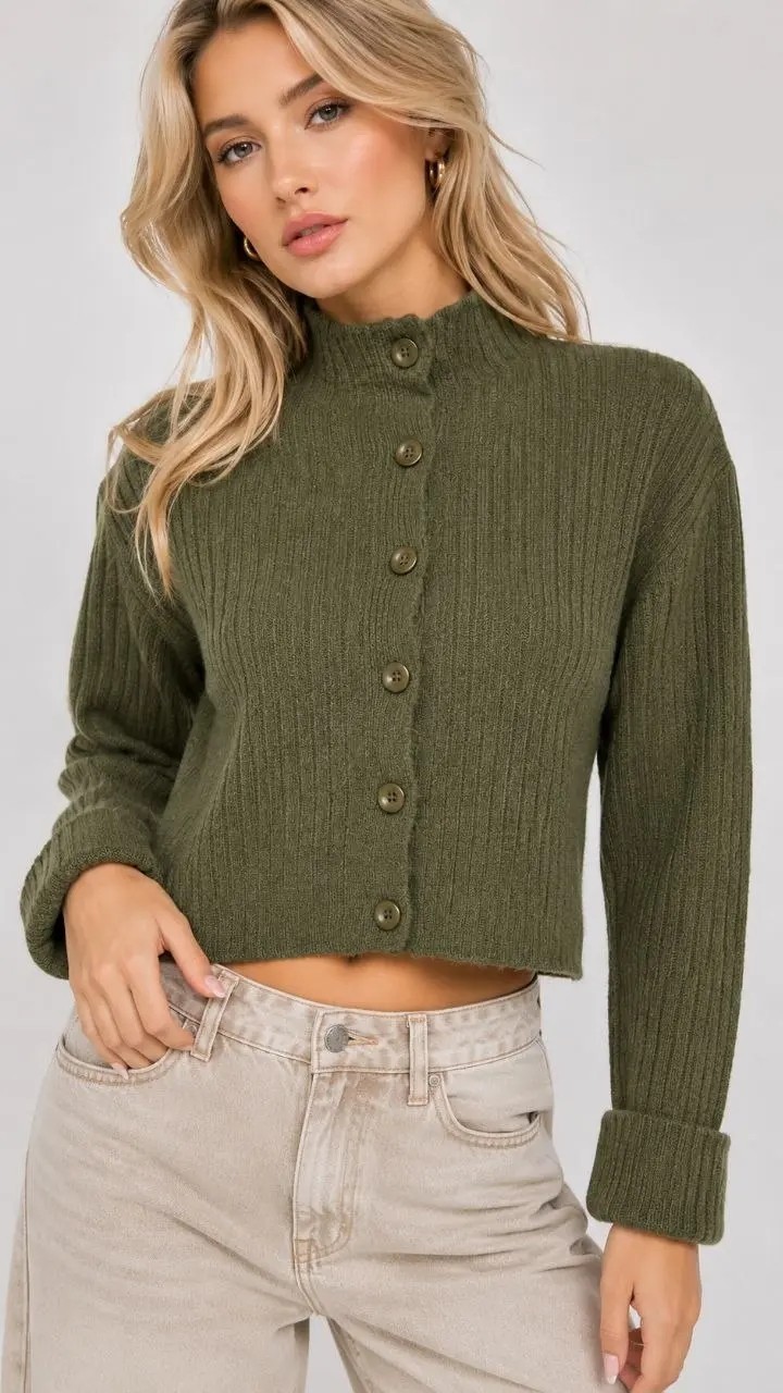 Parkkaron Basic Crop Yumuşak Dokulu Dik Yaka Triko Hırka AW25HI0004