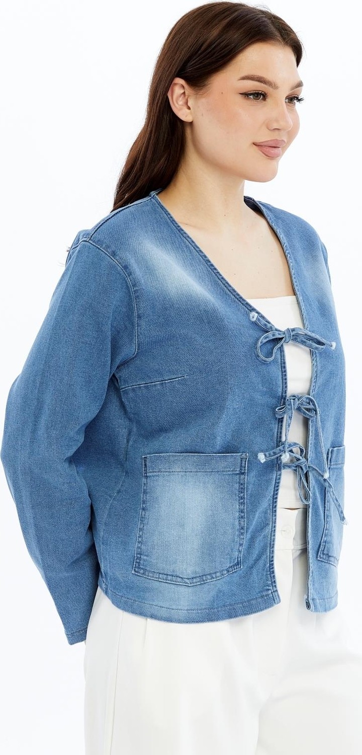 Select Moda Kadın Denim V Yaka Önden Cepli Bağlama Detaylı Ceket/hırka görsel 5