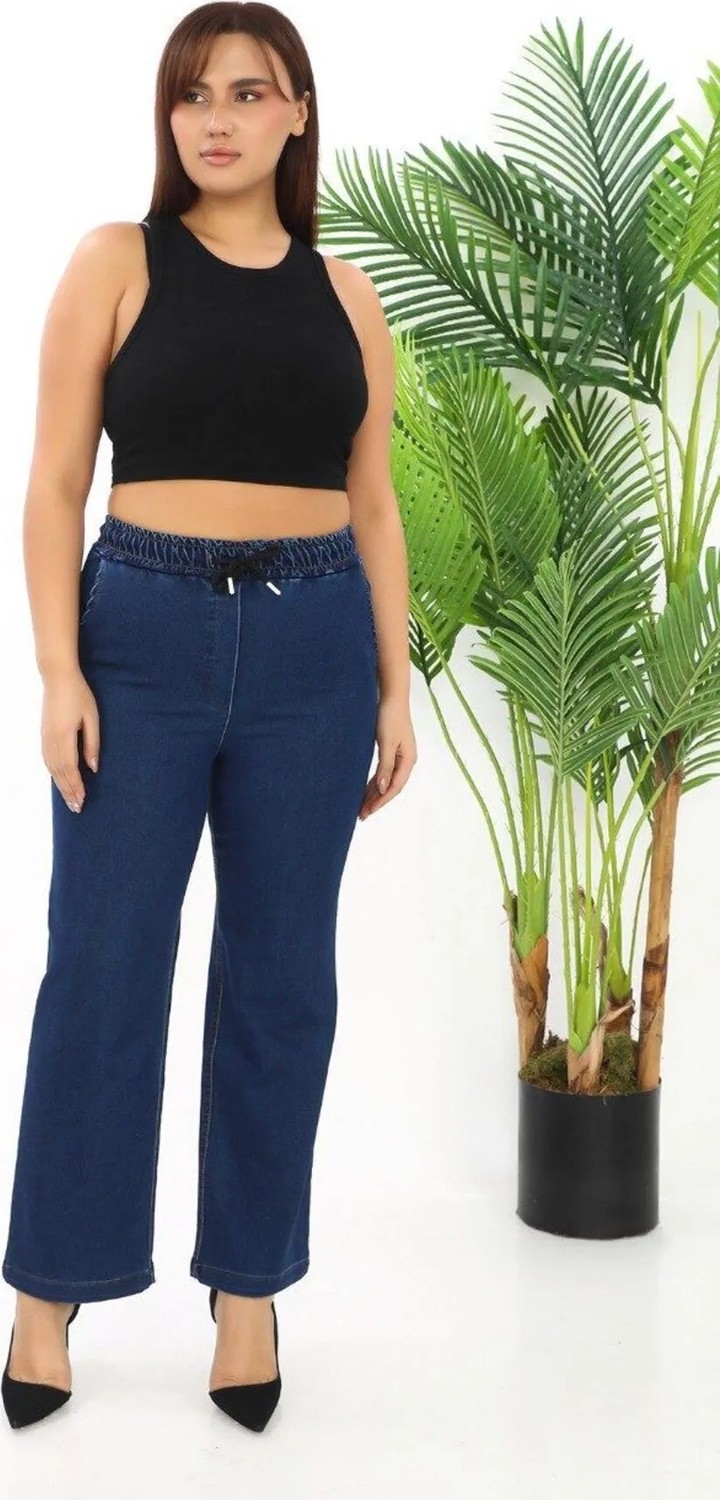 Gül Moda Beli Lastikli Bol Paça Kadın Kot Pantolon Likralı Pamuklu Lacivert G115-1 görsel 5