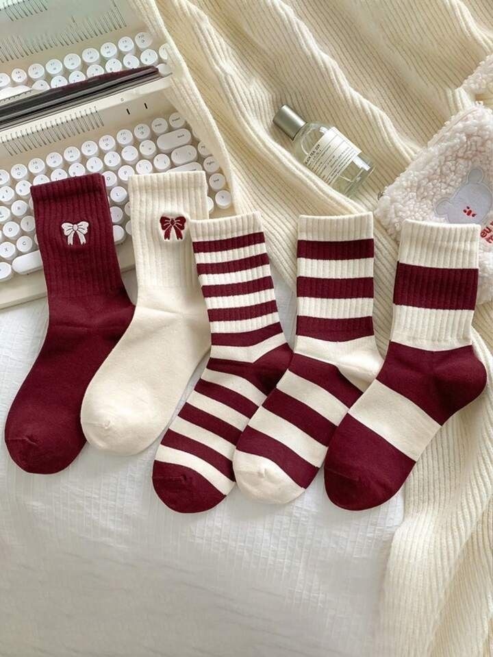 Sky Socks 5'li Ekonomik Paket Bordo-Beyaz Çizgili Kurdele Desenli Unisex Tenis Çorap Seti görsel 5