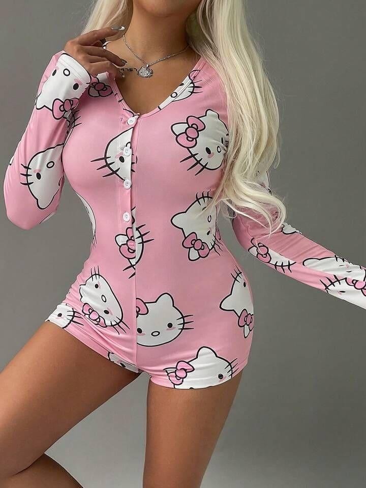 Marsilyan Pamuklu Pembe Hello Kitty Desenli Düğmeli Uzun Kol Tulum Pijama görsel 2
