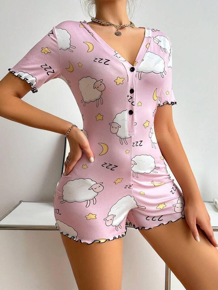 Marsilyan Pamuklu Pembe Kuzu Desenli Düğmeli Uzun Kol Tulum Pijama görsel 2