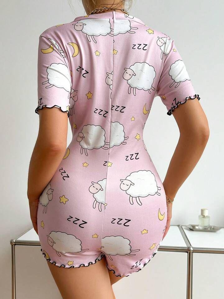 Marsilyan Pamuklu Pembe Kuzu Desenli Düğmeli Uzun Kol Tulum Pijama görsel 3