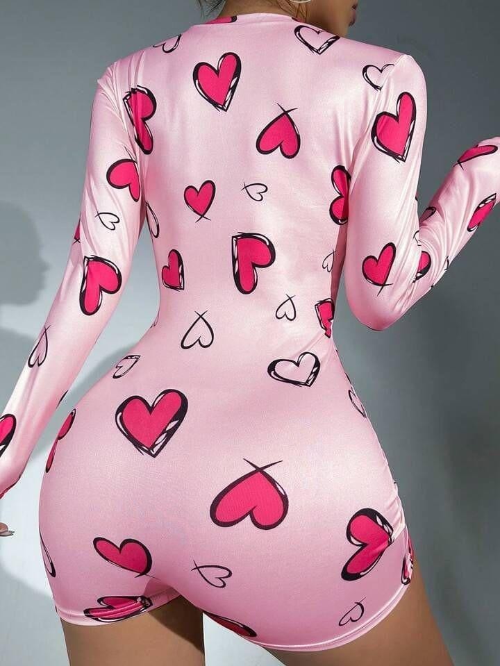 Marsilyan Pamuklu Pembe Kalp Desenli Düğmeli Uzun Kol Tulum Pijama görsel 2