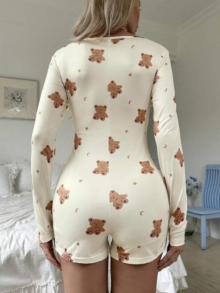 Marsilyan Pamuklu Ekru Ayıcık Desenli Düğmeli Tulum Pijama görsel 4
