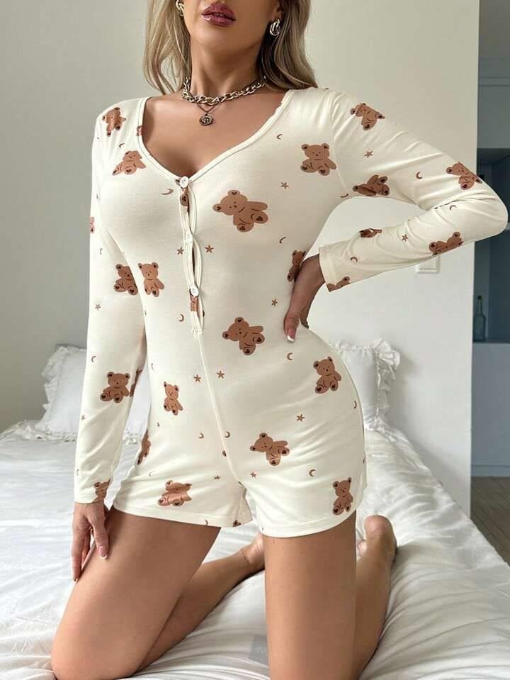 Çamaşır Kenti Pamuklu Ekru Ayıcık Desenli Düğmeli Tulum Pijama görsel 2