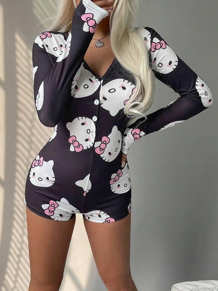 Hobilinka Pamuklu Siyah Hello Kitty Desenli Düğmeli Uzun Kol Tulum Pijama görsel 2