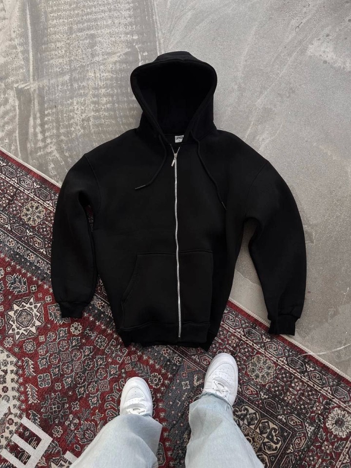 Veraura Lifestyle Oversize Tam Fermuarlı Uzun Kol Hırka - Siyah