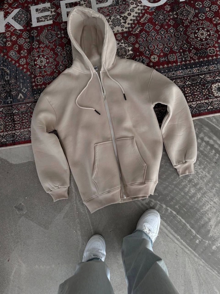 Veraura Lifestyle Oversize Tam Fermuarlı Uzun Kol Hırka - Bej