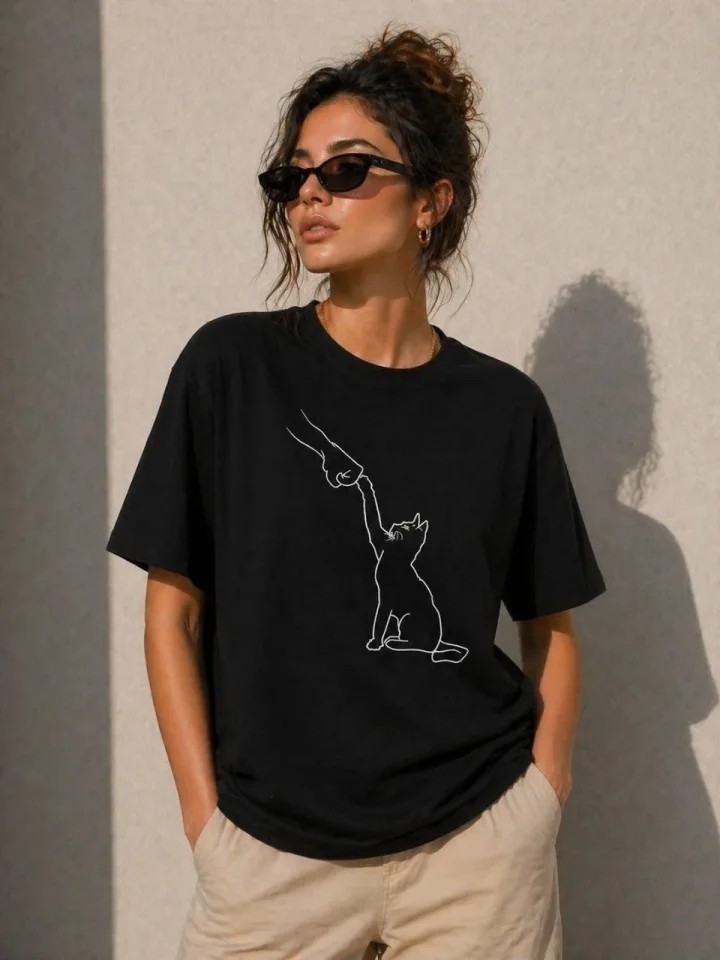 Trend Cojans Minimal Kedi Çizim Baskılı Tişört Kısa Kol Yazlık T-Shirt - Siyah görsel 2