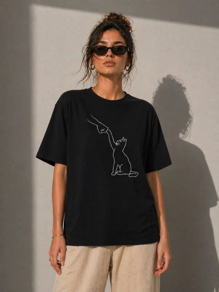 Trend Cojans Minimal Kedi Çizim Baskılı Tişört Kısa Kol Yazlık T-Shirt - Siyah görsel 3