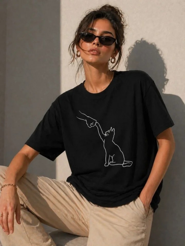 Trend Cojans Minimal Kedi Çizim Baskılı Tişört Kısa Kol Yazlık T-Shirt - Siyah görsel 4