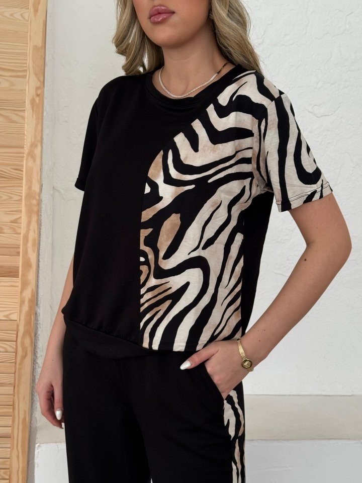 TeknoKapsül Kadın Bisiklet Yaka Kısa Kol Leopar Desen Bluz ve Pantolon Ikili Takım - Siyah / 2xl-3xl görsel 4