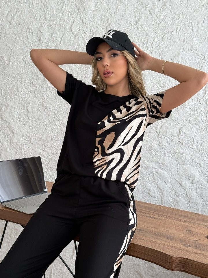 TeknoKapsül Kadın Bisiklet Yaka Kısa Kol Leopar Desen Bluz ve Pantolon Ikili Takım - Siyah / 2xl-3xl görsel 6