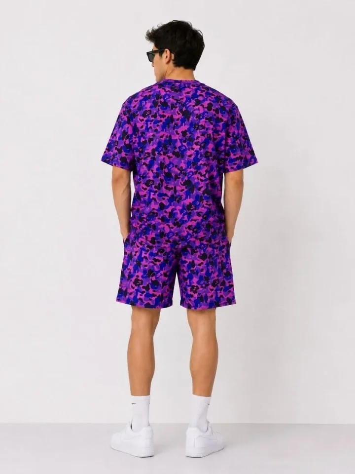 TeknoKapsül Erkek Oversize Kalıp Pubg Bape x Shark Nakışlı Cepli Şort Takım - Mor - Mor / L görsel 2