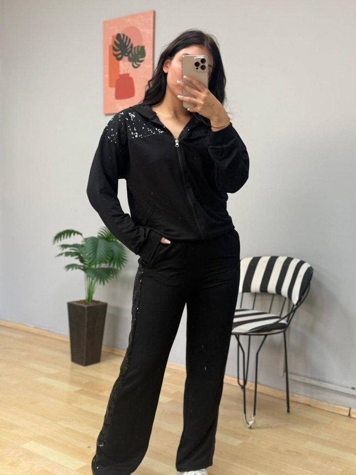 TeknoKapsül Kadın Iki Iplik Kumaş Pul ve Fermuar Detaylı Ikili Takım - Siyah / 5xl