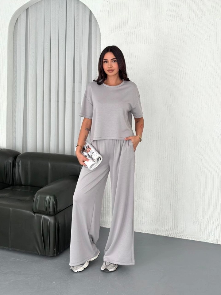 TeknoKapsül Osy Modal Yumuşak Dokulu Kumaş Bisiklet Yaka T-Shirt Bol Paça Pantalon Ikili Takım - Boyalı Gri - Boyalı Gri / L görsel 3