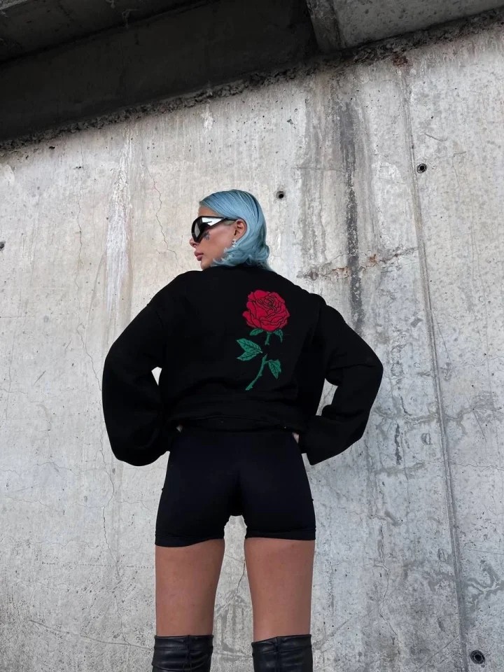 Oversize Üç Iplik Bisiklet Yaka Baskılı Sweatshirt - Siyah görsel 3
