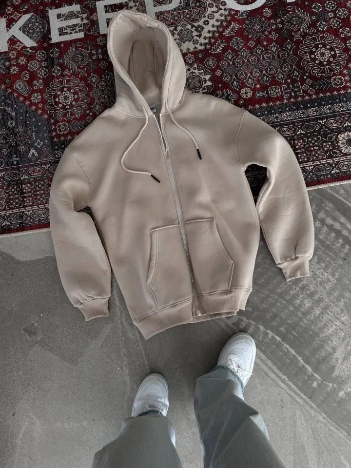 Oversize Tam Fermuarlı Uzun Kol Hırka - Bej görsel 2