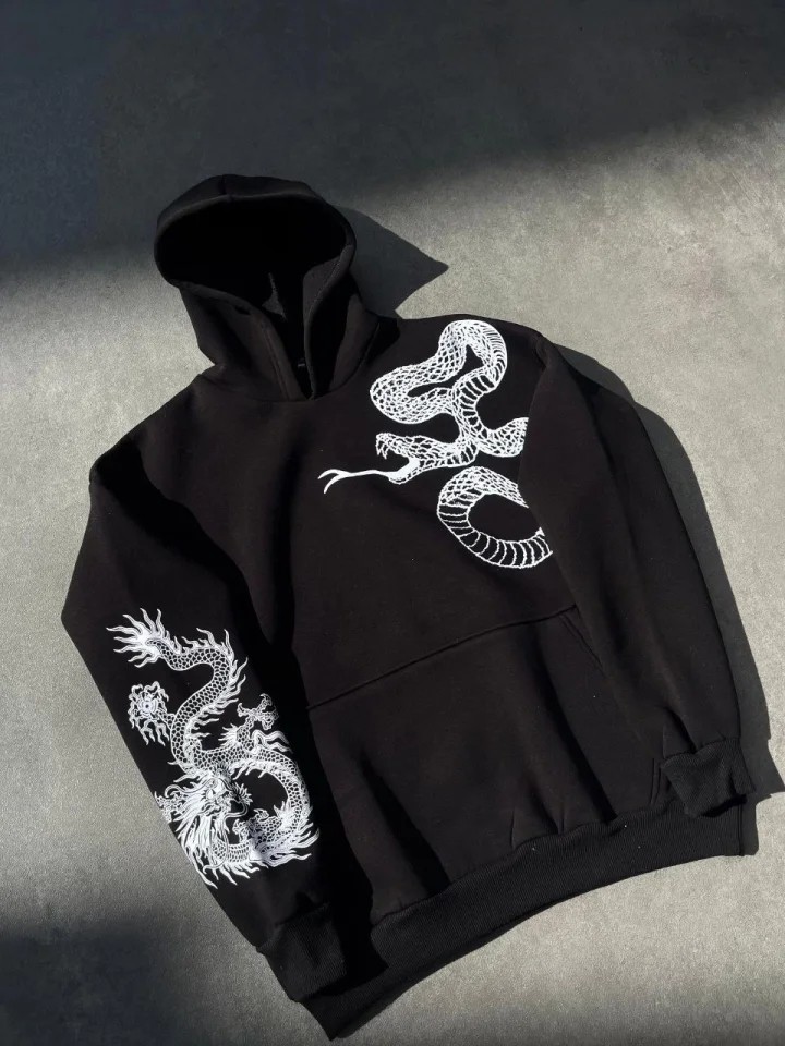 Uzun Kol Kapşonlu Baskılı Sweatshirt - Siyah görsel 3