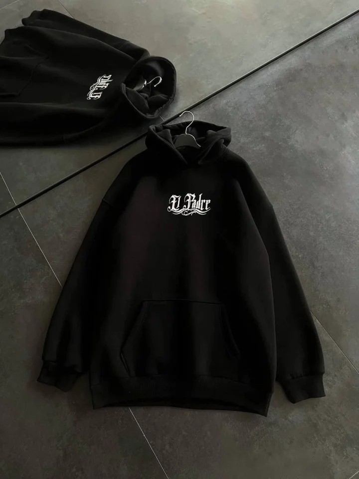 Üç Iplik Penye Uzun Kol Kapşonlu Baskılı Sweatshirt - Siyah görsel 2
