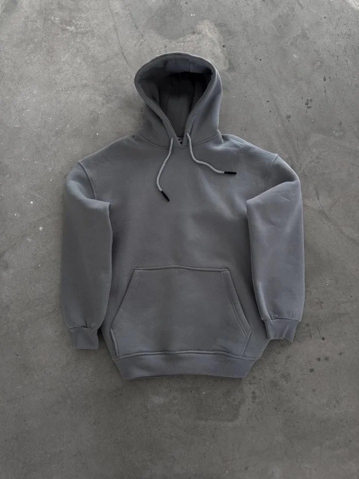 Kapşonlu Üç Iplik Penye Basic Sweatshirt - Boyalı Gri görsel 2