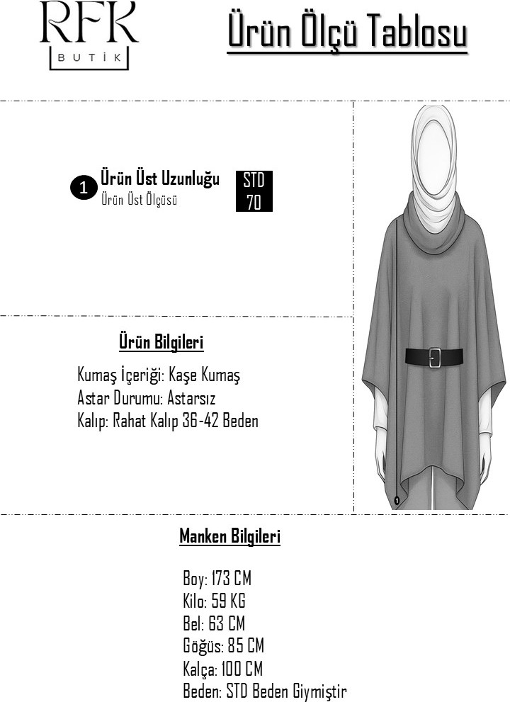 RFK Butik Kadın Oversize Kemerli Kaşe Panço - Gri görsel 3