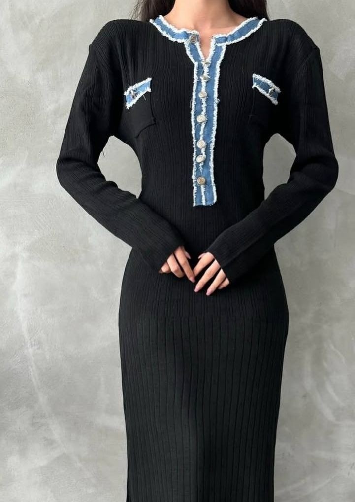 Sempre Kadın Siyah Denim Detaylı Maxi Elbise görsel 2