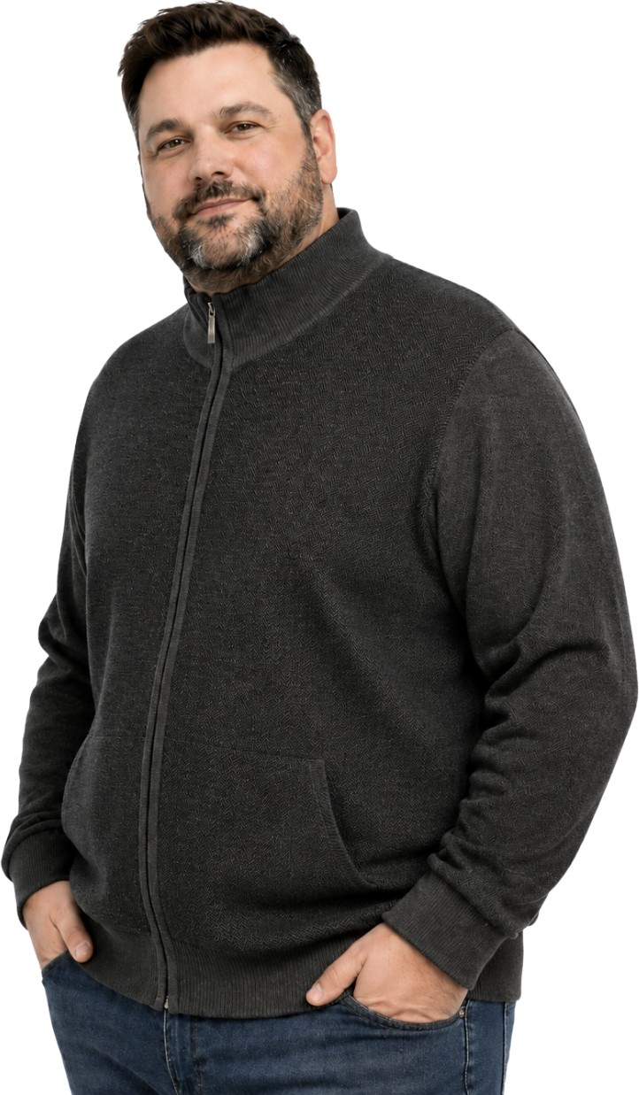 Battal Moda Erkek Büyük Beden Antrasit Arven Dik Yaka Cepli Triko Hırka 5xl-6xl-7xl-8xl görsel 2