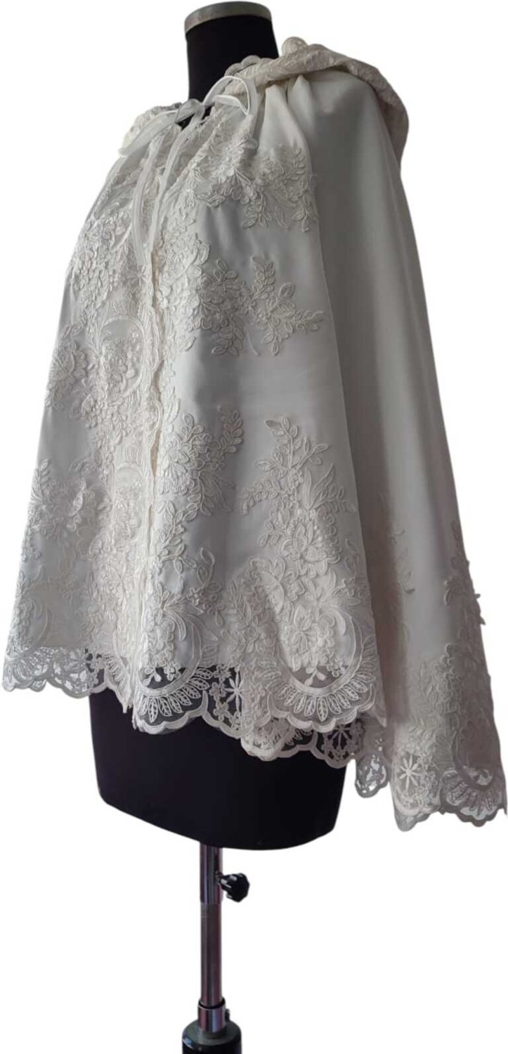 Moda Nur Bolero, Kapşonlu Pelerin, Kalın Şifon Kumaş ,kırık Beyaz Renk Pelerin, Gelin Bolero görsel 7
