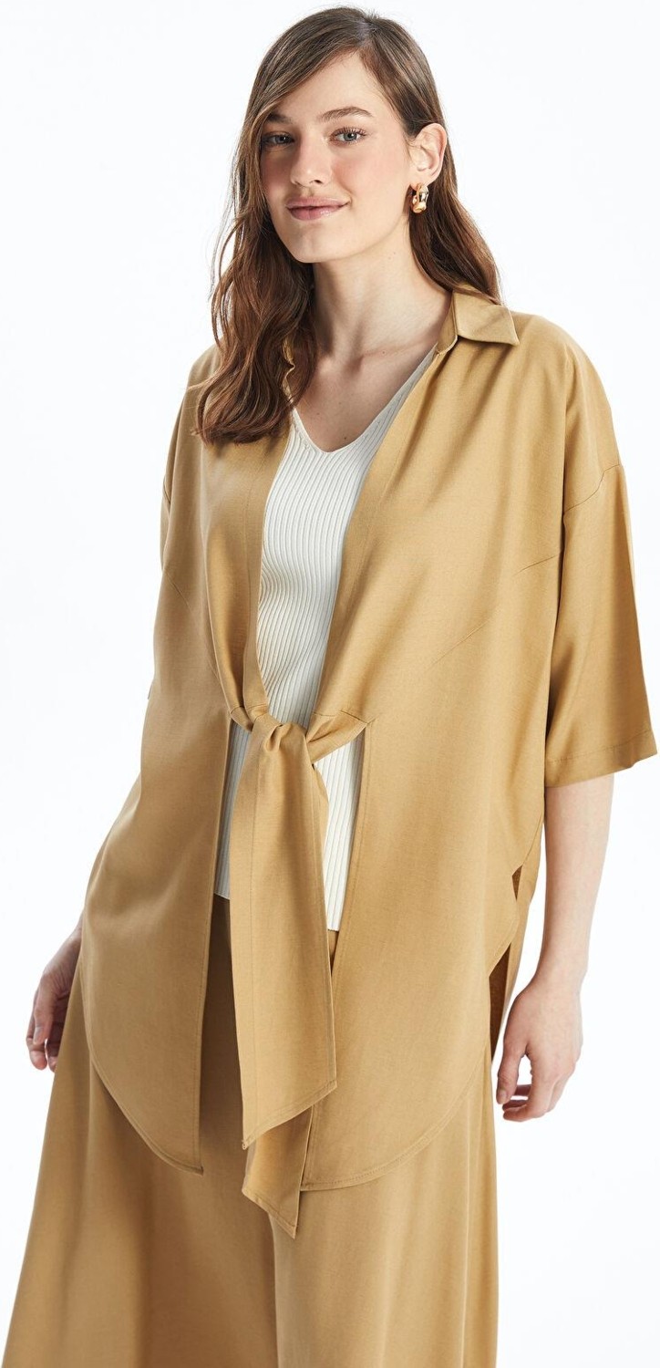 LC Waikiki Lcwaıkıkı Classic Koyu Bej Şal Yaka Desenli Oversize Keten Karışımlı Kadın Kimono