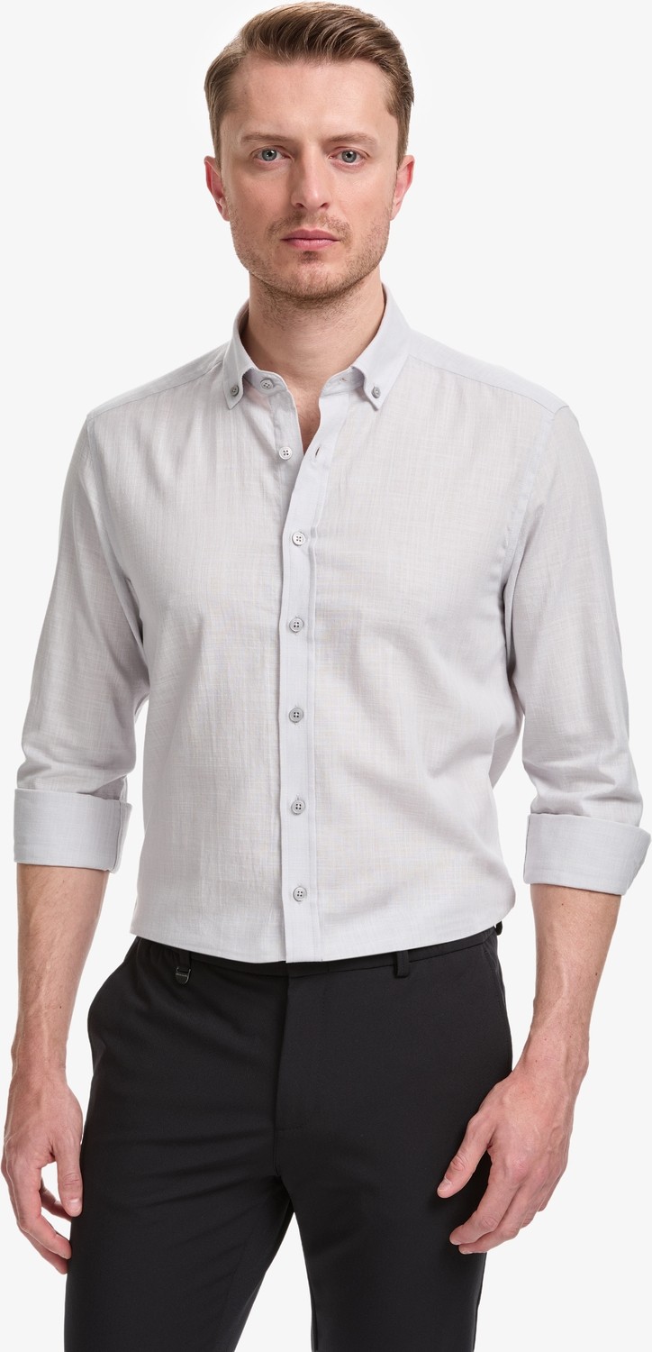 Pierre Cardin Erkek Koyu Lacivert %100 Pamuk Keten Görünümlü Slim Fit Uzun Kollu Gömlek 50325355-VR100