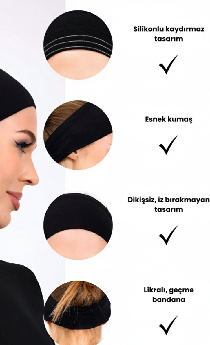 Aliva Scarf Kaymayan Silikonlu Bandana Bone Siyah - Kadın Tesettür Dikişsiz Kaymaz Geçme - Sportif Saç Bandı görsel 6