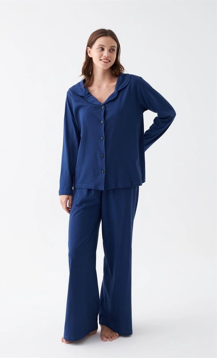 mery Kadın Lacivert Düğmeli Yaka Detaylı Pamuklu Pijama Takımı Mery görsel 4