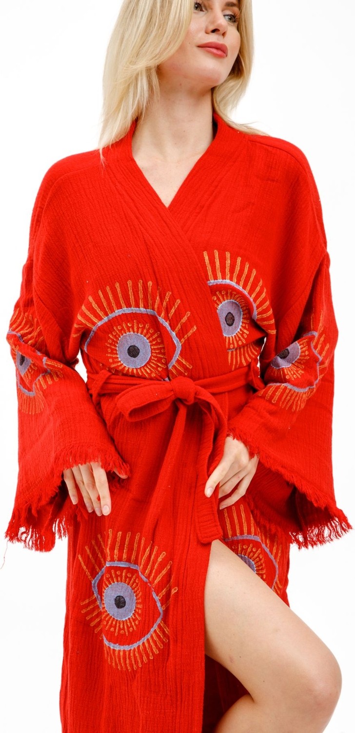 Befera Design Müslin Kimono %100 Pamuklu Göz Baskılı Desenli Bornoz Kaftan Sabahlık