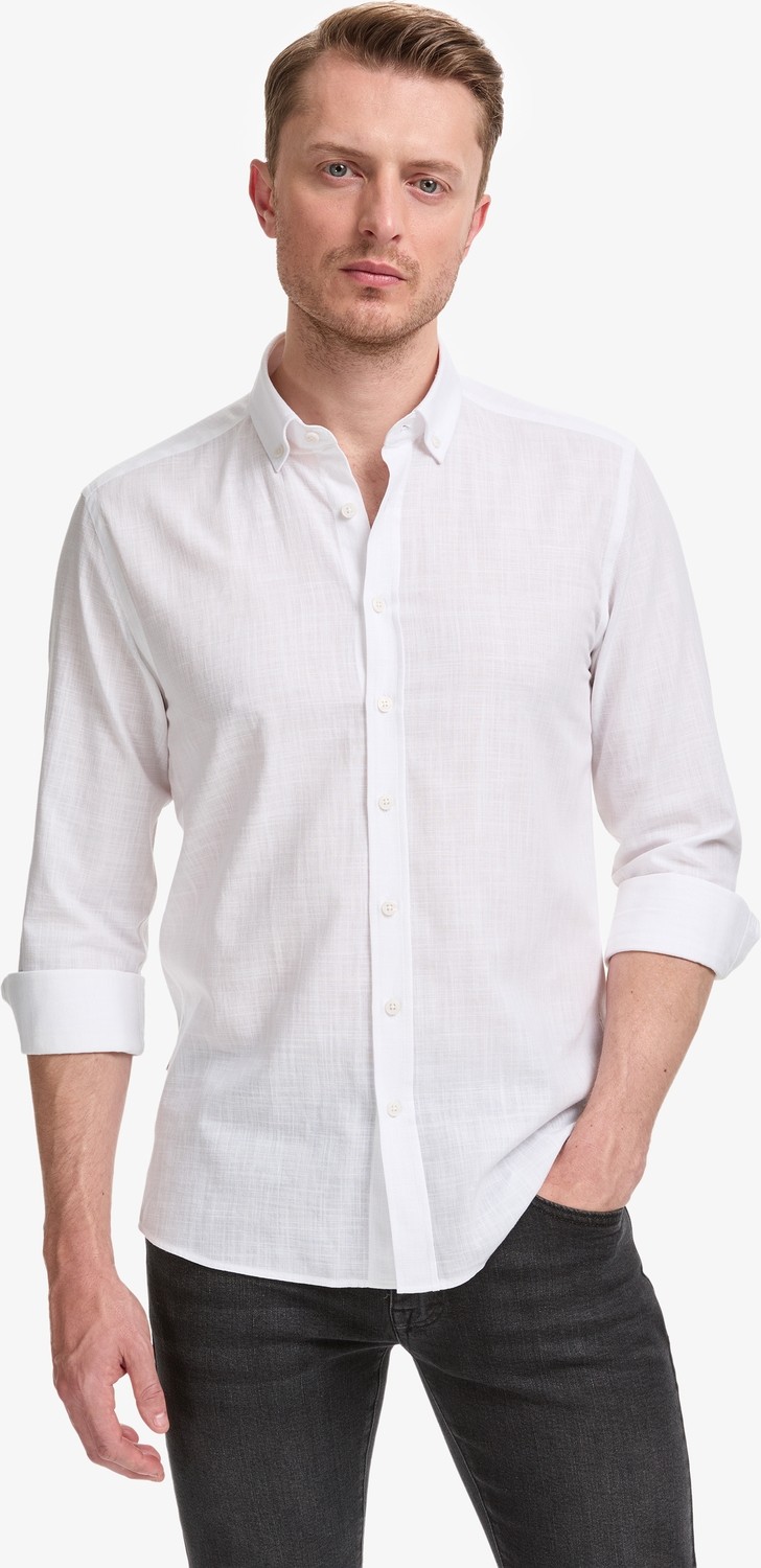 Pierre Cardin Erkek Koyu Lacivert %100 Pamuk Keten Görünümlü Slim Fit Uzun Kollu Gömlek 50325355-VR100