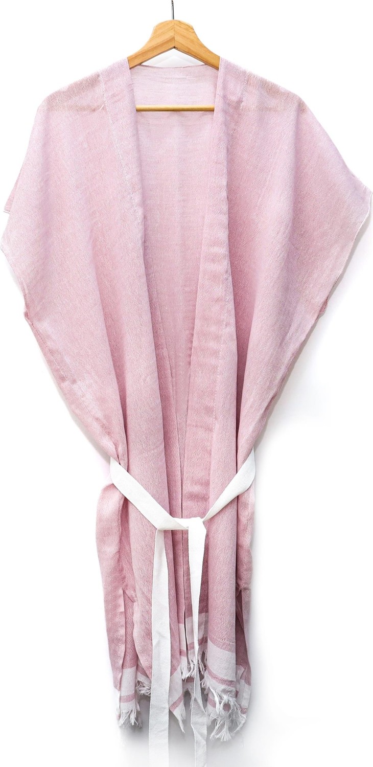 Missi Beyaz Kuşaklı Pembe Pamuk Peştemal Kimono