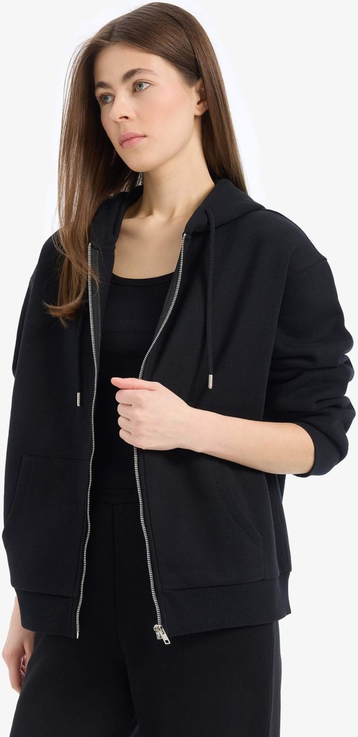 DeFacto Siyah Okula Dönüş Relax Fit Kapüşonlu Kalın Basic Düz Cepli Fermuarlı Sweatshirt D8717AX24WN görsel 3