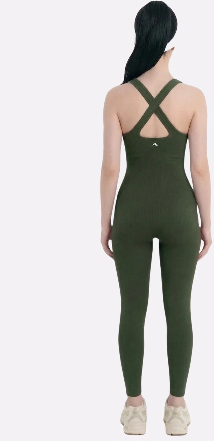 Formactive 1850 Kadın Push Up Askılı Dikişsiz Spor Tulum - Çapraz Sırt Detaylı Spor Yoga Pilates Taytı, Haki XS-S görsel 2