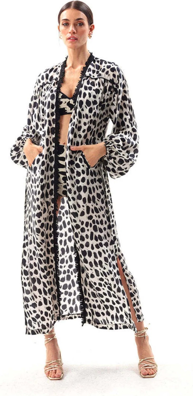 Movom Desenli Siyah - Beyaz Kadın Kimono MVMRWKM16