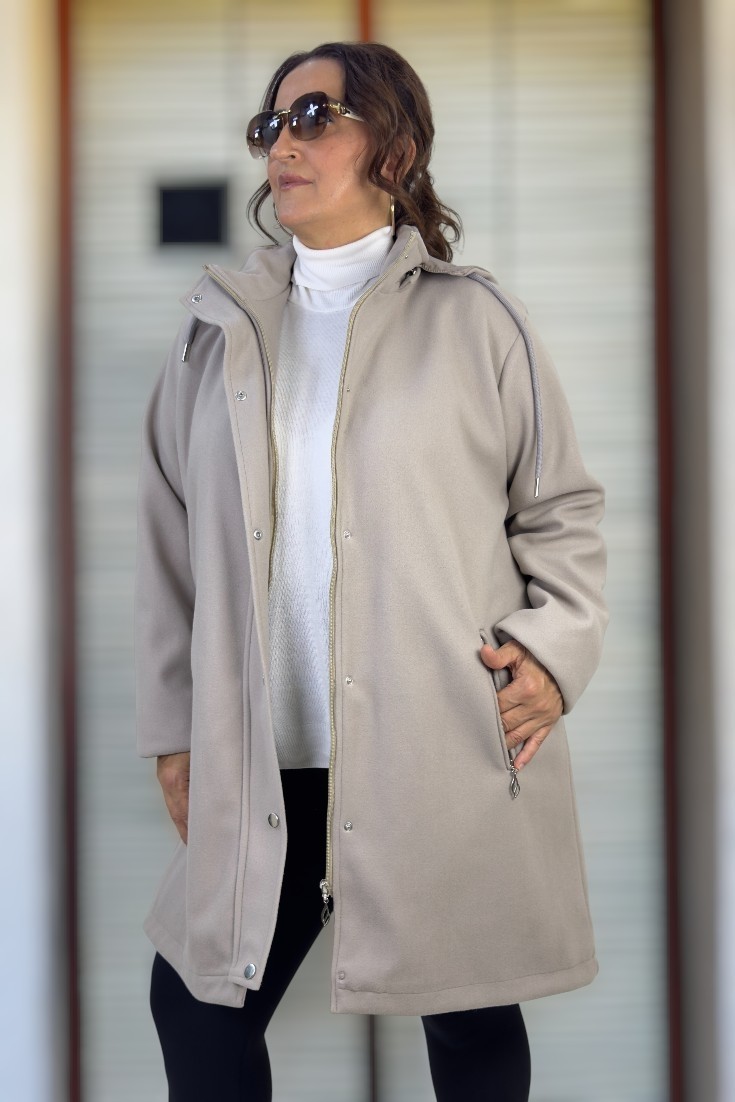 Yagmur Beren Çıt ve Fermuar Kapama Çıkartılabilir Kapüşon Astarlı Büyük Beden Kadın Kaban görsel 2
