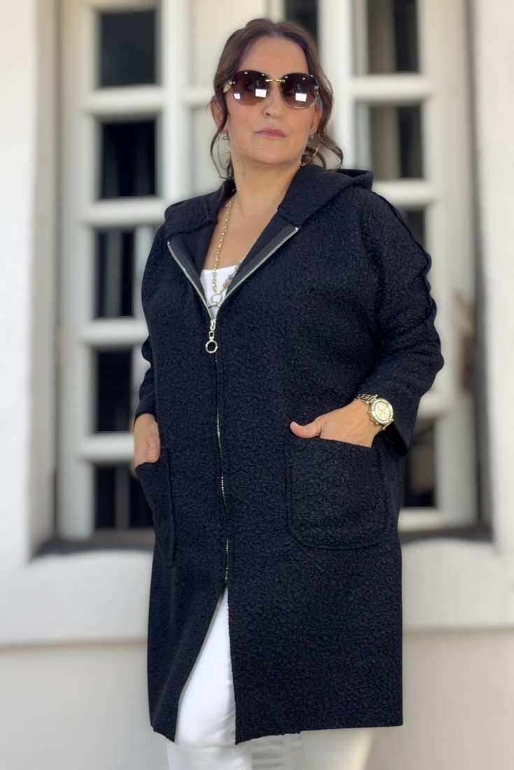 Yagmur Beren YAĞMURBEREN Yagmur Beren Kapüşonlu Torba Cep Fermuarlı Büyük Beden Kıvırcık Buklet Kaban görsel 4