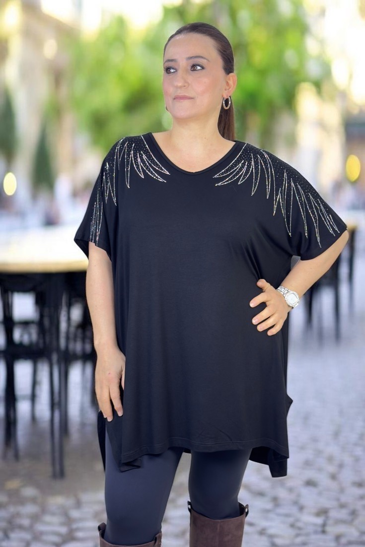 Melek Kol Taş Işlemeli Kısa Kol Bol Kesim Viskon Kumaş Ekstra Büyük Beden Bluz görsel 5