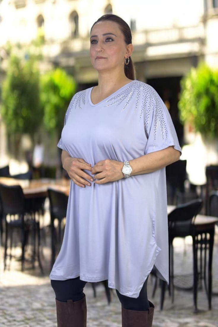 Melek Kol Taş Işlemeli Kısa Kol Bol Kesim Viskon Kumaş Ekstra Büyük Beden Bluz görsel 8
