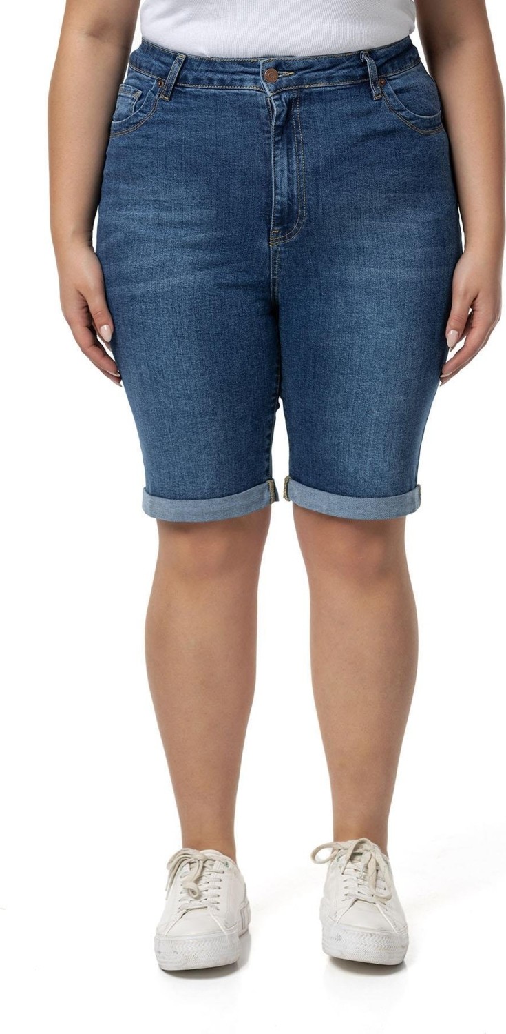 Disentis Modest Büyük Beden Paçası Katlamalı Beş Cepli Denim Mavi Şort görsel 7